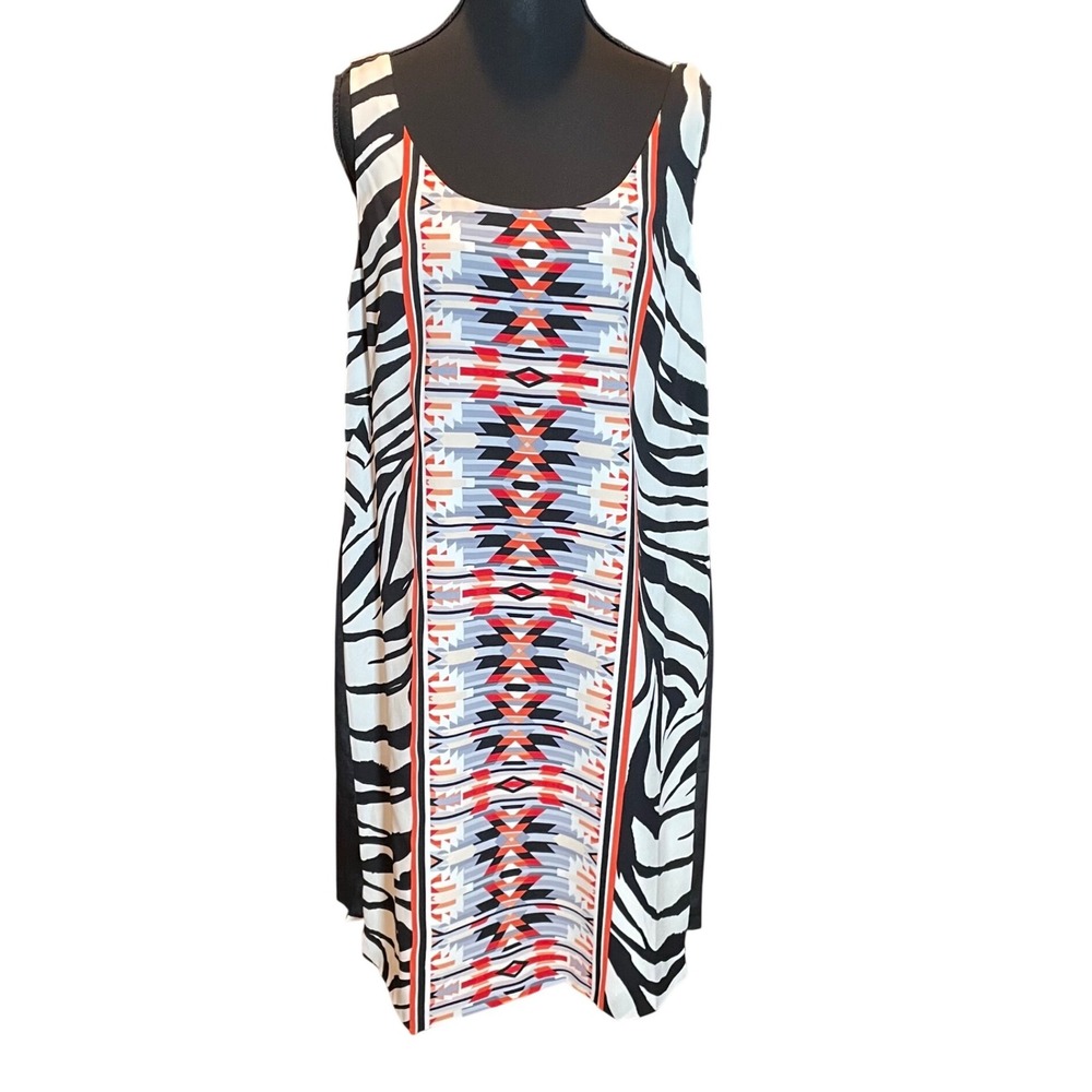 Vince Camuto Womens Zebra Geometric Tribal Print Sleeveless‎ Shift Dress Size 12
